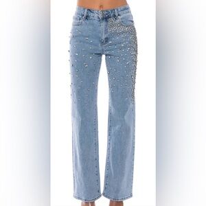 AKIRA Light Blue Embellished Wide Leg Jeans